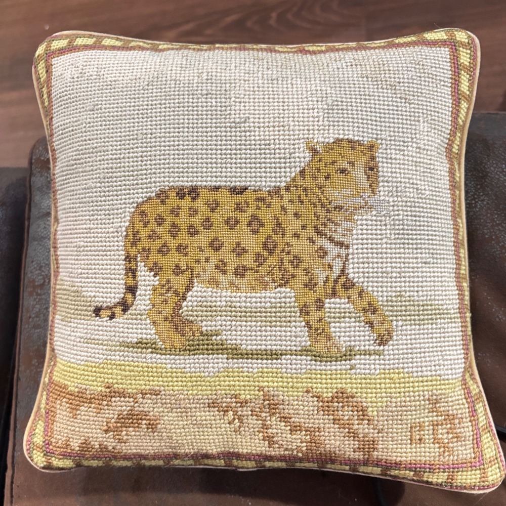 Vintage Needlepoint Leopard Cheetah Throw Pillow Velvet Back 10x10 Square Accent
